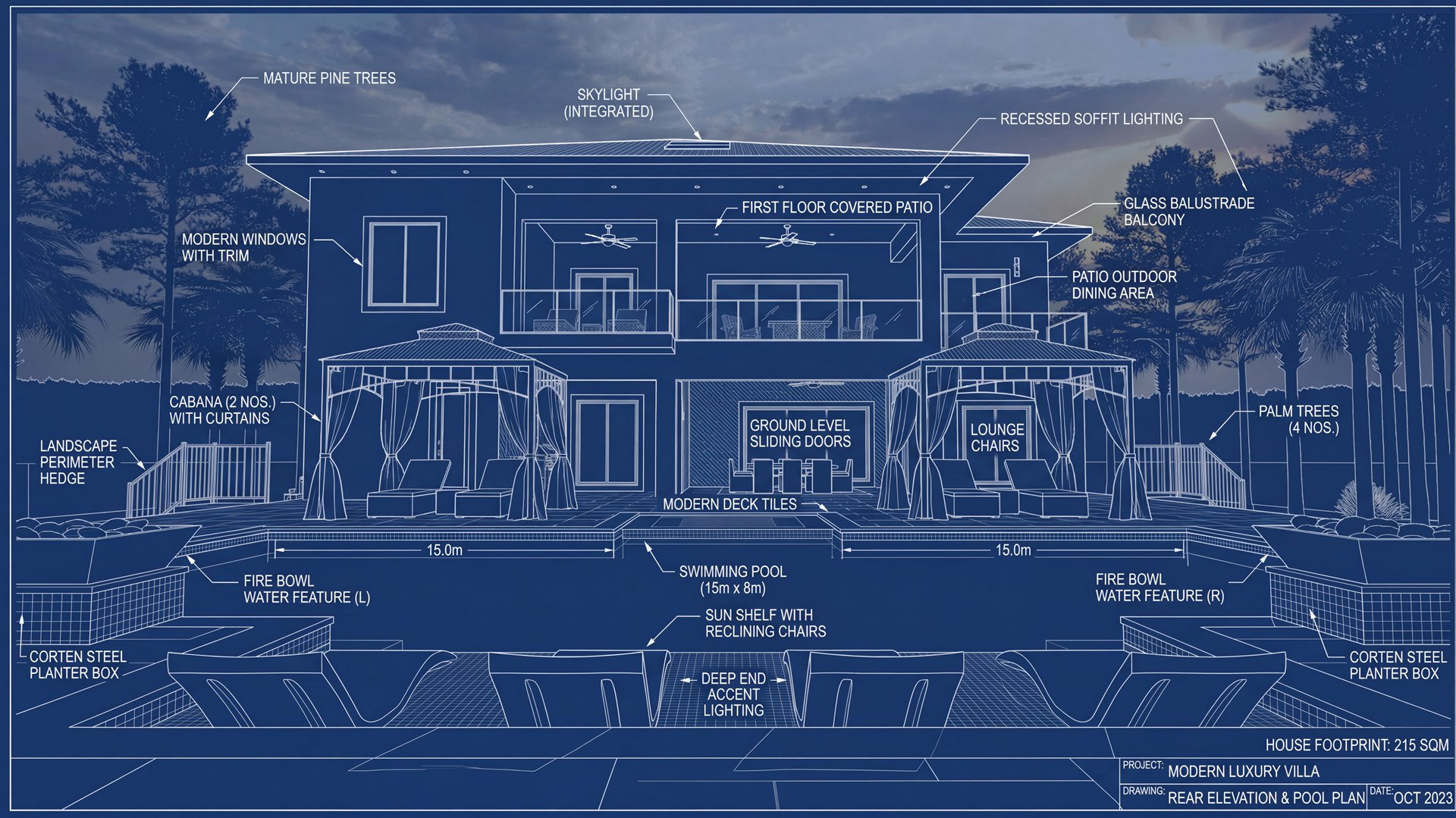Architectural blueprint of the same yard with dimensions and material callouts