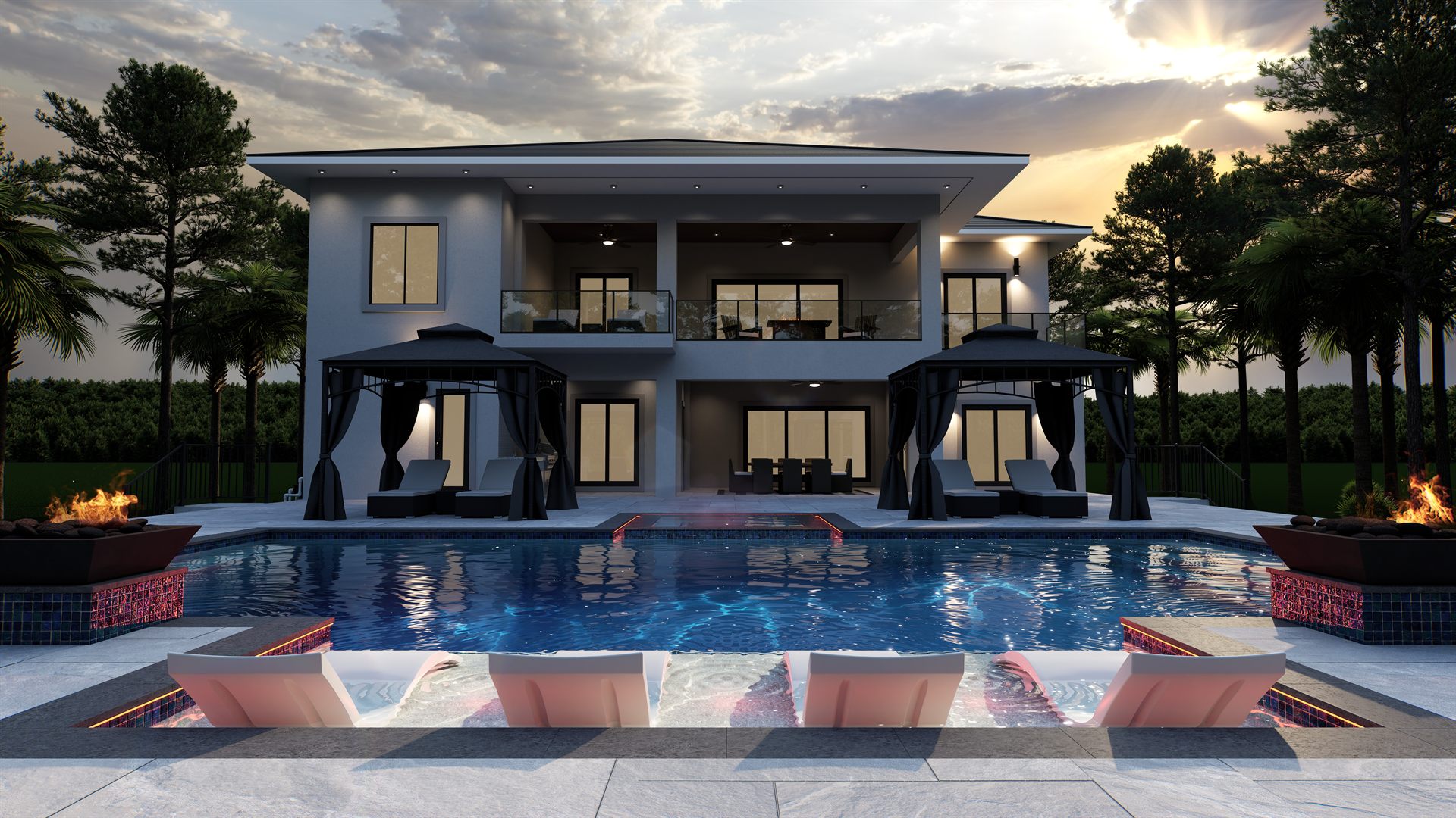 Photoreal render of a luxury yard with fire-bowl pool, gazebo cabanas, and two-story villa at dusk