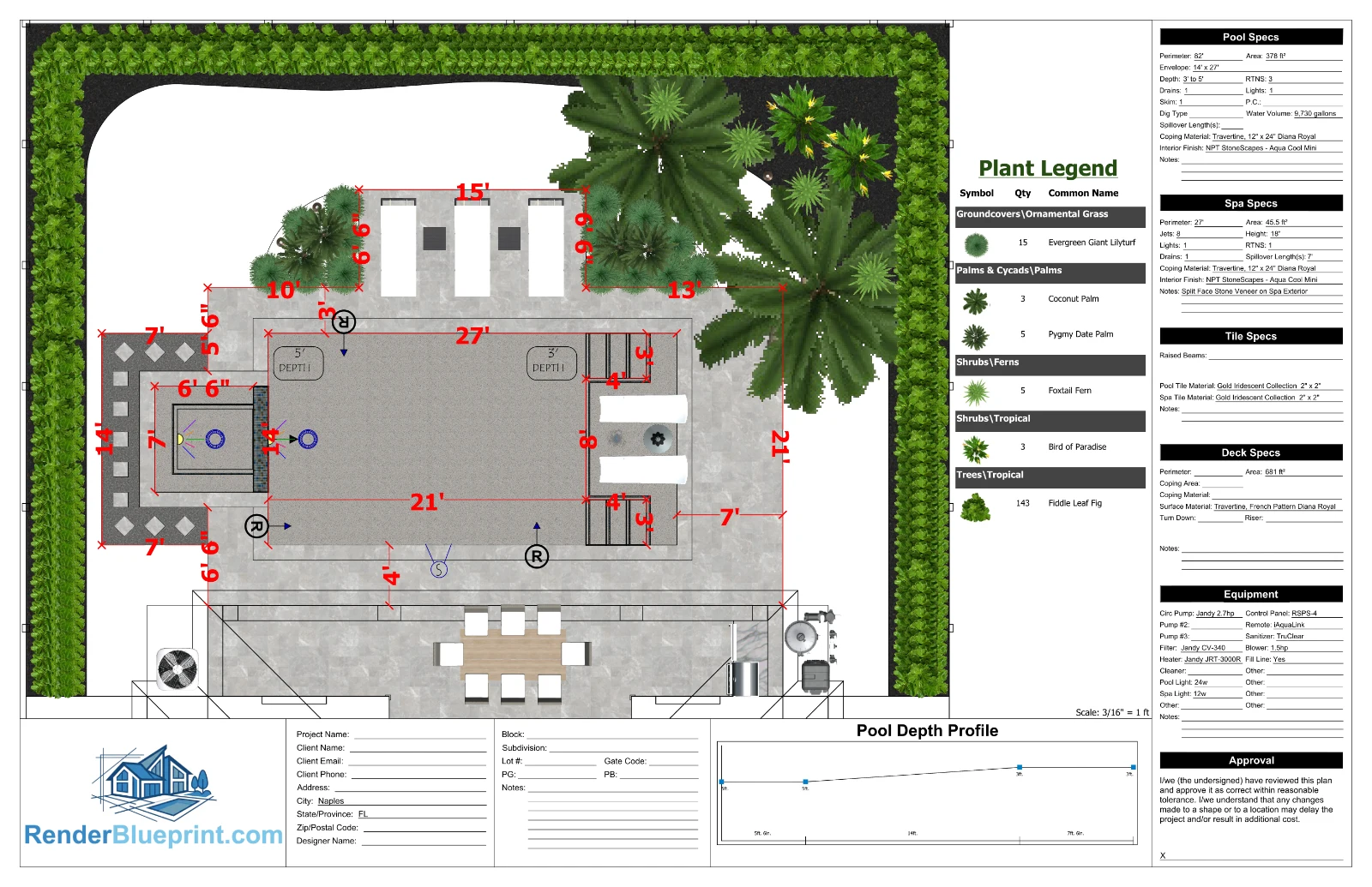 Sample scaled drawing of a pool and spa with dimensions, pool specs, deck area and a plant legend
