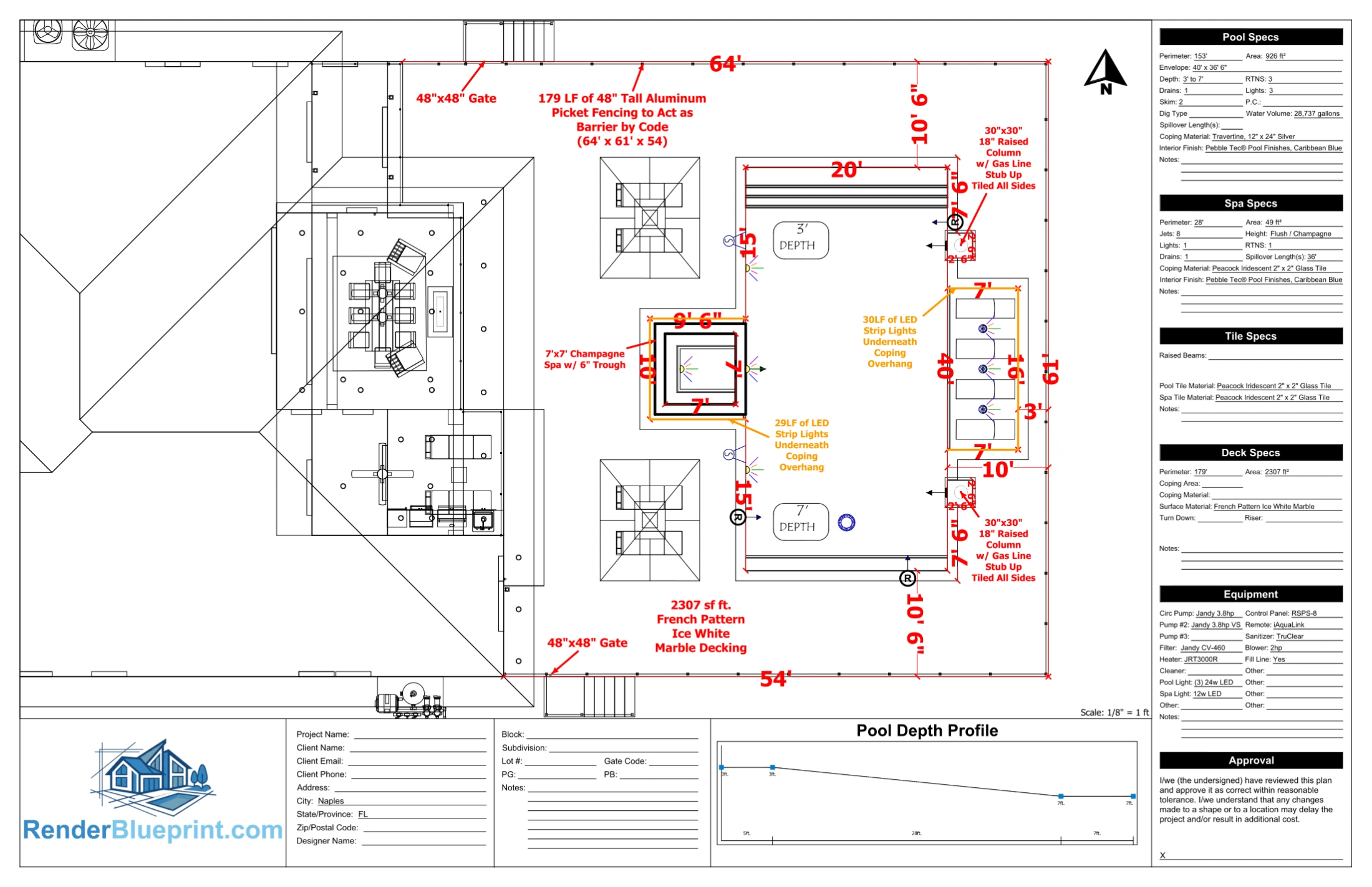 Scaled drawing of the Resort-style Pool + Spa design, with dimensions and pool specs